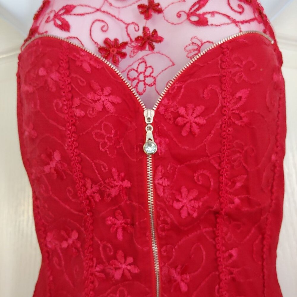 Lydia Red Crystal Beaded Lacy  Halter Top Large - Picture 4 of 10